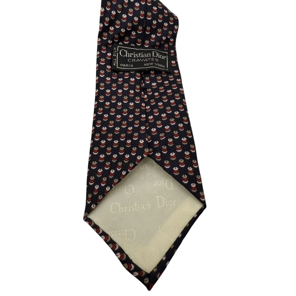 Christian Dior Cravates Silk Necktie Navy‎ Blue Red White Tan Geometric Pattern